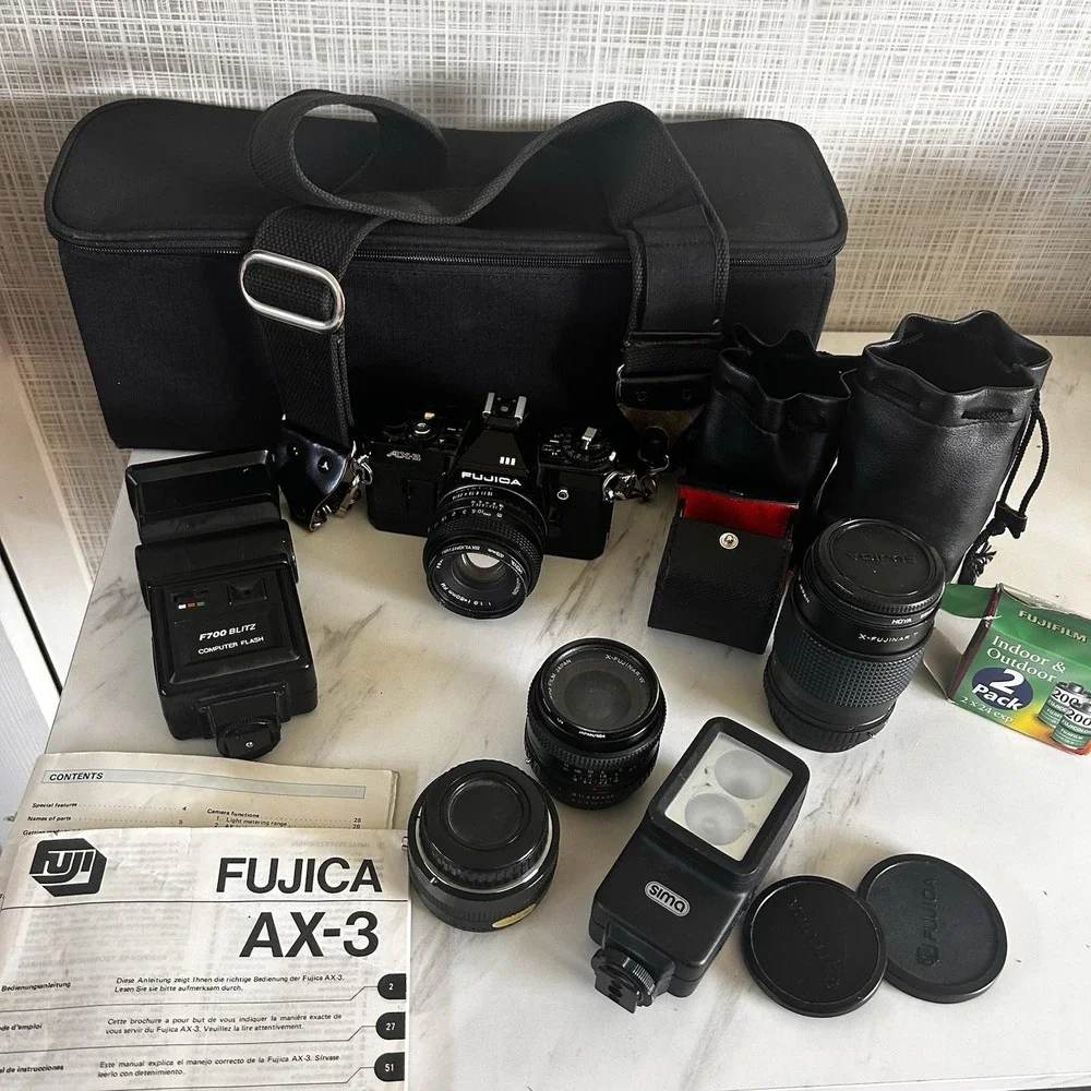 Fujica AX-3 Camera w/ Case 2 Lenses Computer Flash Tele Converter Videolite HHH